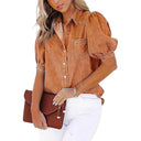Women's Denim Blouse with Balloon Sleeves & Chest Pocket