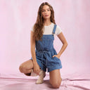 Stylish Denim Overall Dress with Adjustable Straps and Drawstring
