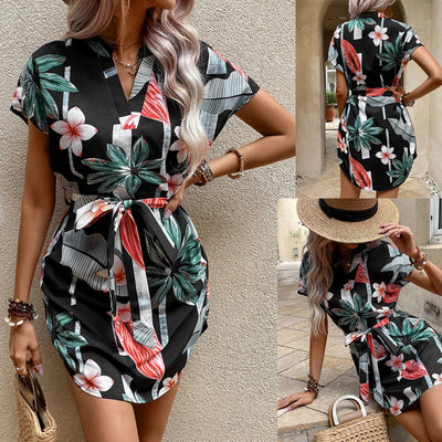 Floral Tie-Belt Short Sleeve Dress for Women