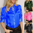 Chic Satin Blouse with Puff Sleeves and Contemporary Collar