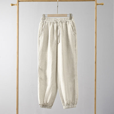 Women's Linen Trousers with Elastic Waist and Side Pockets