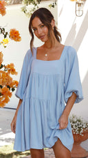 Women’s Flowing Summer Dress with Balloon Sleeves & Square Neck