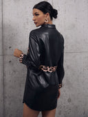 Animal Print Faux Leather Shirt Dress for Women