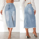 Chic Women's Denim Midi Skirt with High Slit & Frayed Hem
