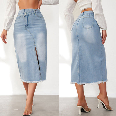 Chic Women's Denim Midi Skirt with High Slit & Frayed Hem