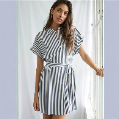 Chic Striped Women's Shirt Dress with Waist Belt