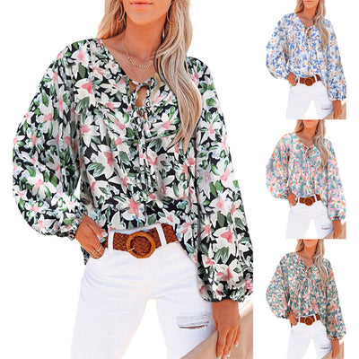 Floral Print Women's Blouse with Flowing Sleeves