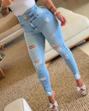 Trendy High-Waist Denim Jeans with Distressed Design