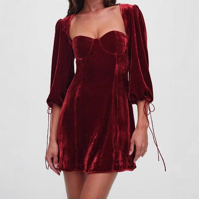 Chic Velvet Puff Sleeve Dress with Square Neck