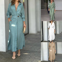 Women's Linen Maxi Dress with Button Placket and Side Slits