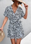 Trendy Zebra Print Women's Short Sleeve Dress with Belt