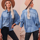 Chic Denim Blouse with Fringe Detail and Patch Pockets