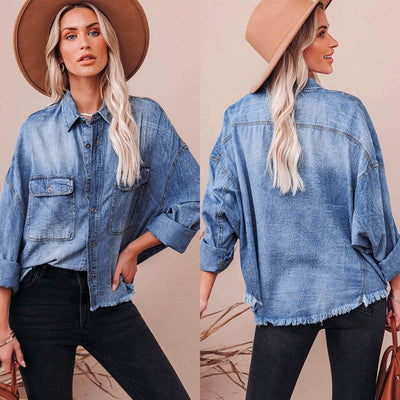 Chic Denim Blouse with Fringe Detail and Patch Pockets