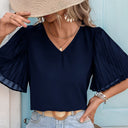 Chic Women's V-Neck Blouse with Pleated Sleeves