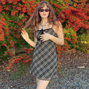 Chic Checkered Dress with Adjustable Straps and Bow Detail