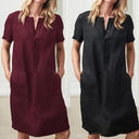 Chic Linen Dress with Button Placket and Pockets