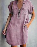 Chic Chambray Dress with Zipper and Handy Pockets