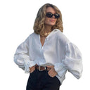 Chic Women's Linen Blouse with Balloon Sleeves