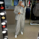Chic Women's Sweater-Blazer Set with Wide-Leg Pants