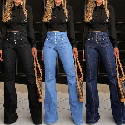 High-Waist Flared Jeans with Stylish Button Accents