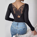 Chic Women's Long Sleeve Bodysuit with Lace Accents and Back Cut-Out Design