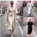 Chic Midi Dress with Wide Waist Belt and Relaxed Sleeves