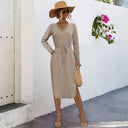 Chic V-Neck Midi Dress with Adjustable Waist Tie