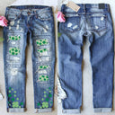 Chic Women's Clover Print Jeans with Trendy Distressed Accents