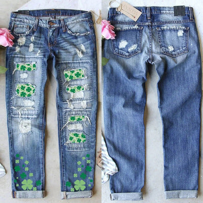 Chic Women's Clover Print Jeans with Trendy Distressed Accents