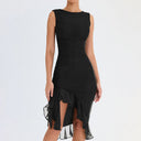 Chic Cocktail Dress with Ruffle Accents and Asymmetrical Hem