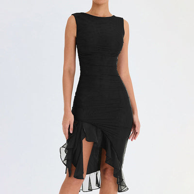 Chic Cocktail Dress with Ruffle Accents and Asymmetrical Hem