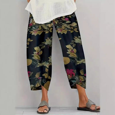 Floral Print Women's Wide-Leg Trousers with Stretch Waist