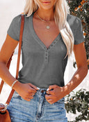 Stylish Short Sleeve V-Neck Tee with Button Detail