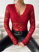 Ladies V-Neck Lace Top with Long Sleeves