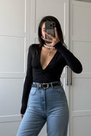 Chic Women's Long-Sleeve V-Neck Bodysuit with Twist Design