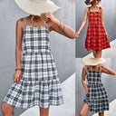 Women's Checkered Midi Skirt with Adjustable Straps