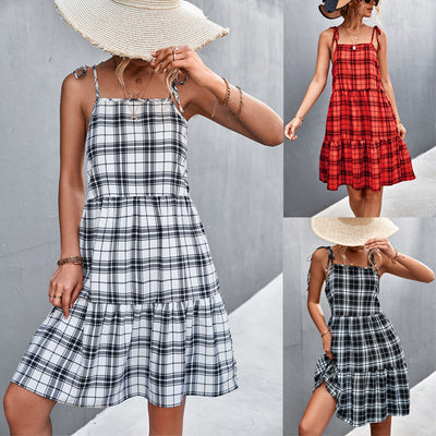 Women's Checkered Midi Skirt with Adjustable Straps
