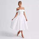 Off-Shoulder Midi Dress with Flared Pleats and Pockets