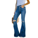 Chic Women's Flared Jeans with Trendy Distressed Design and Button Accents