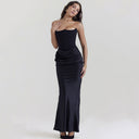 Women's Long-Sleeved Evening Dress with Structured Bodice and Ruffled Waistline