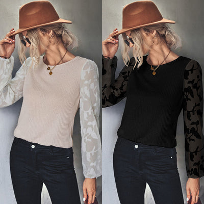 Chic Women's Top with Sheer Sleeve Design