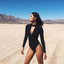 Chic Women's Bodysuit with Deep Neckline & Long Sleeves
