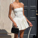 Chic Women's Dress with Ruched Straps & Pleated Skirt