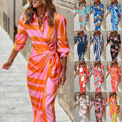 Chic Women's Maxi Dress with Asymmetrical Design and Trendy Stripes