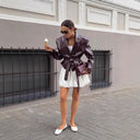Women's Faux Leather Blazer with Adjustable Belt