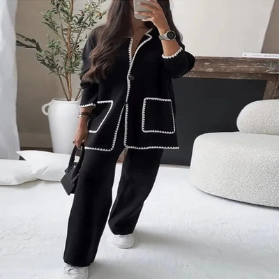 Chic Knit Blazer Set with Contrasting Accents