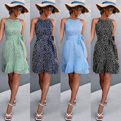 Women's Halter Dress with Flowing Hem & Adjustable Belt