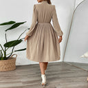 Chic Pleated Dress with Neck Tie & Long Sleeves
