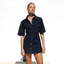Chic Women's Denim Dress with Short Sleeves and Handy Pockets