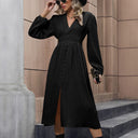 Chic Midi Dress with V-Neck & Button Accents